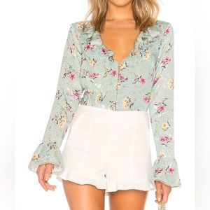 MAJORELLE Floral Ruffle Blouse in Green and Pink